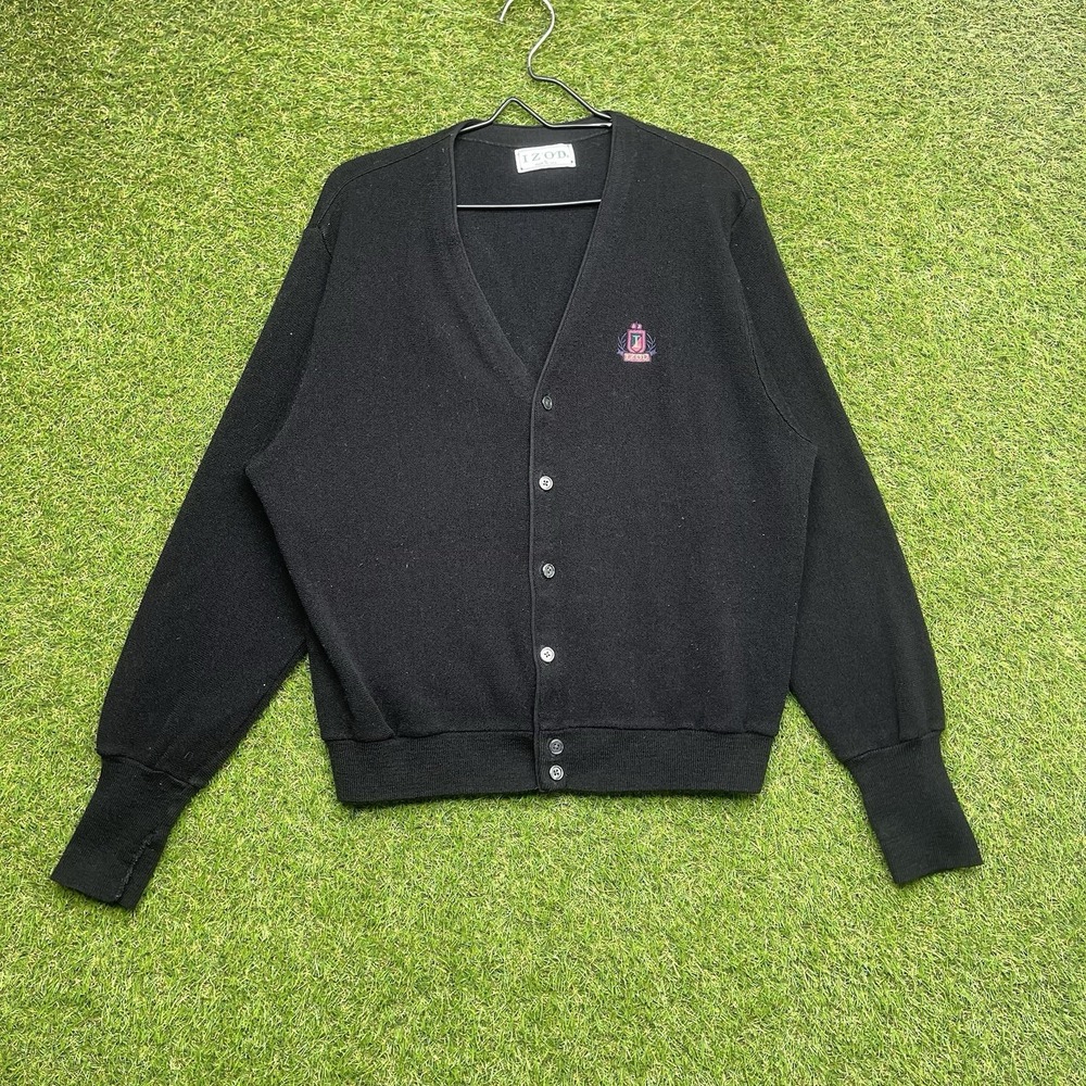 Vintage IZOD Cardigan Mens Large Black Knit 80s USA Made Grandpa Preppy Button